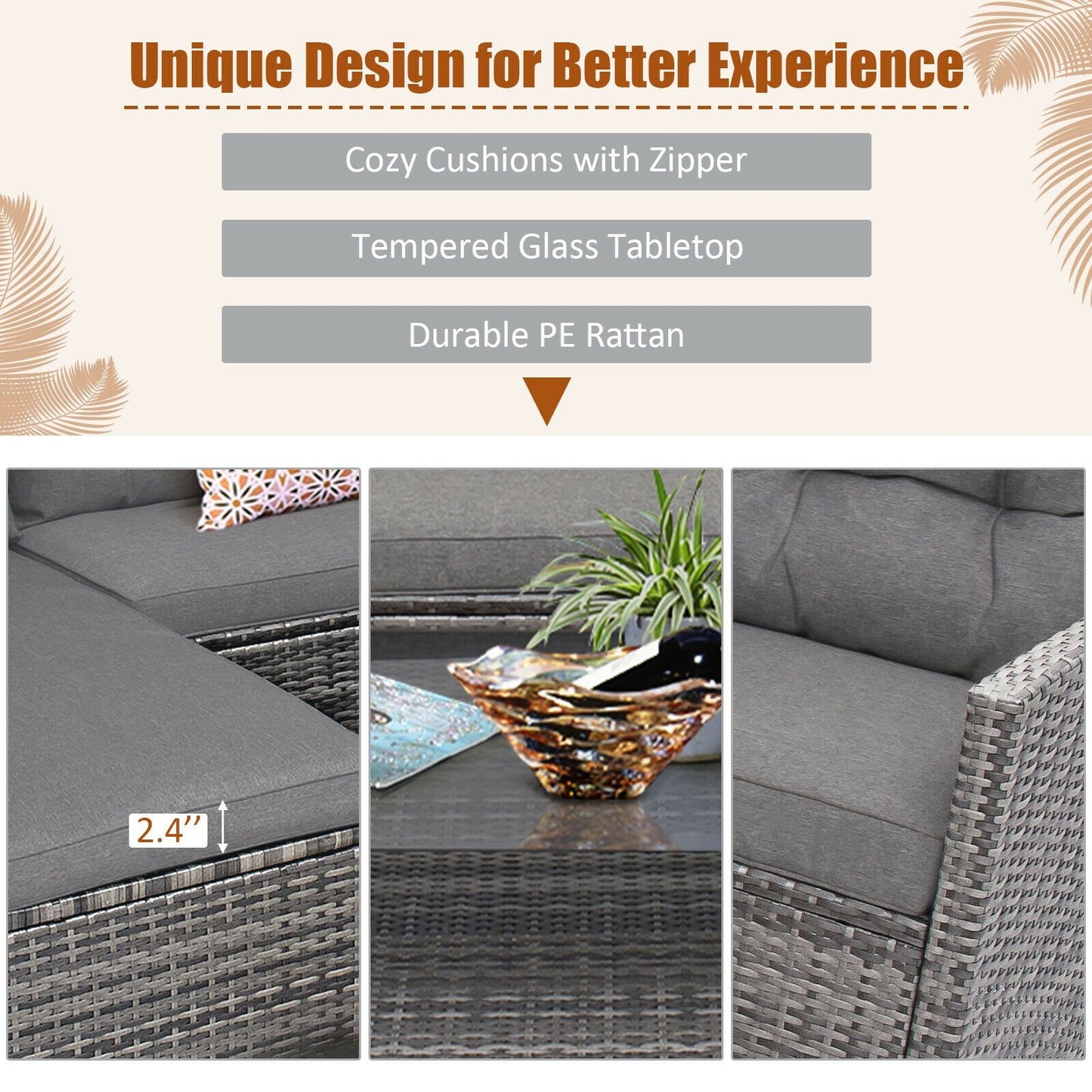 4 Pieces Patio Rattan Furniture Set with Cushion and Table Shelf, Gray - Gallery Canada