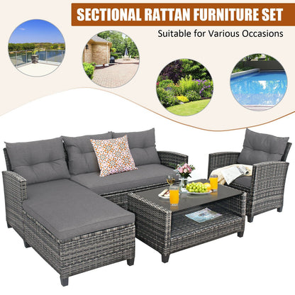 4 Pieces Patio Rattan Furniture Set with Cushion and Table Shelf, Gray - Gallery Canada