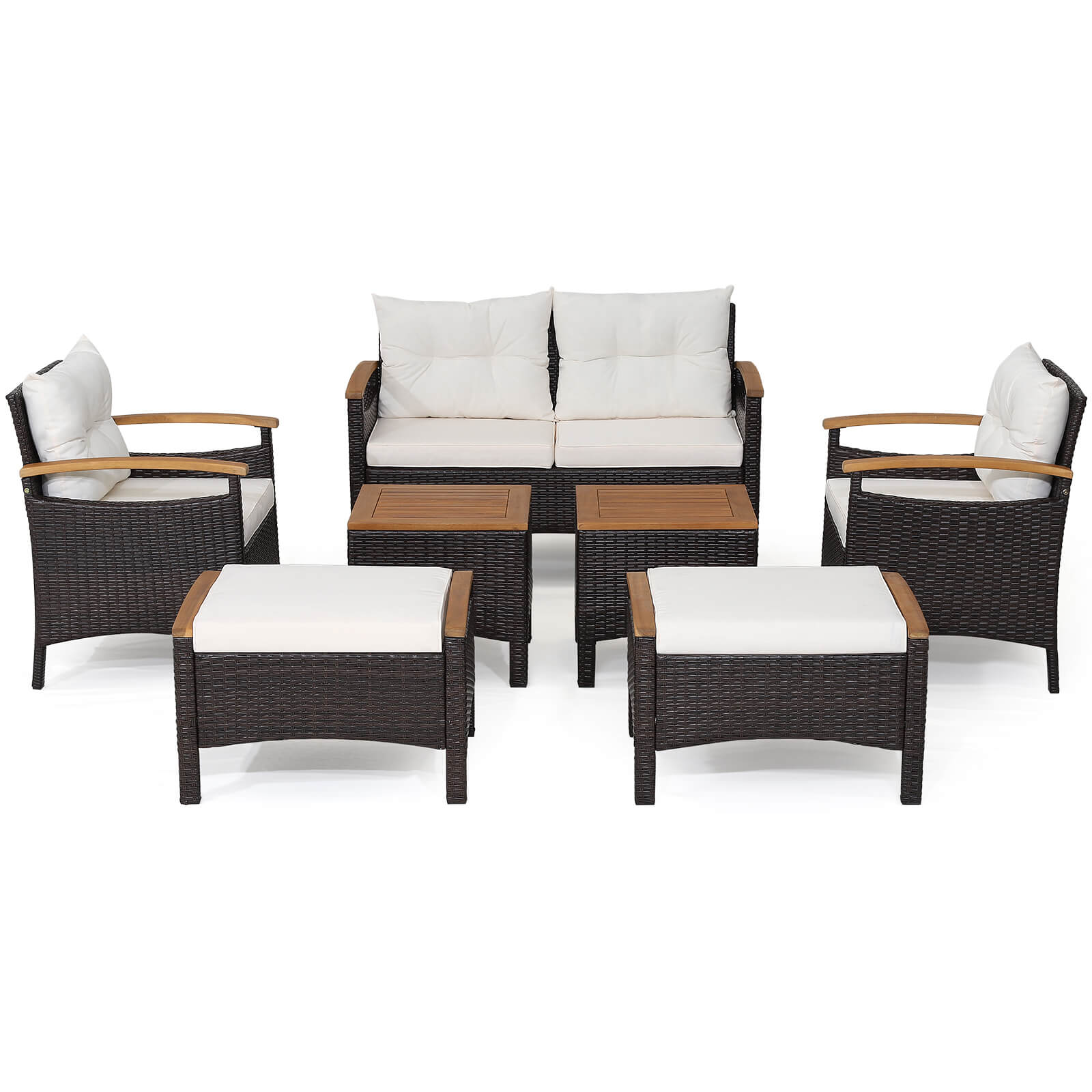 7 Piece Rattan Patio Sofa Set, Acacia Wood Tabletop, Off White Patio Conversation Sets Off White at Gallery Canada