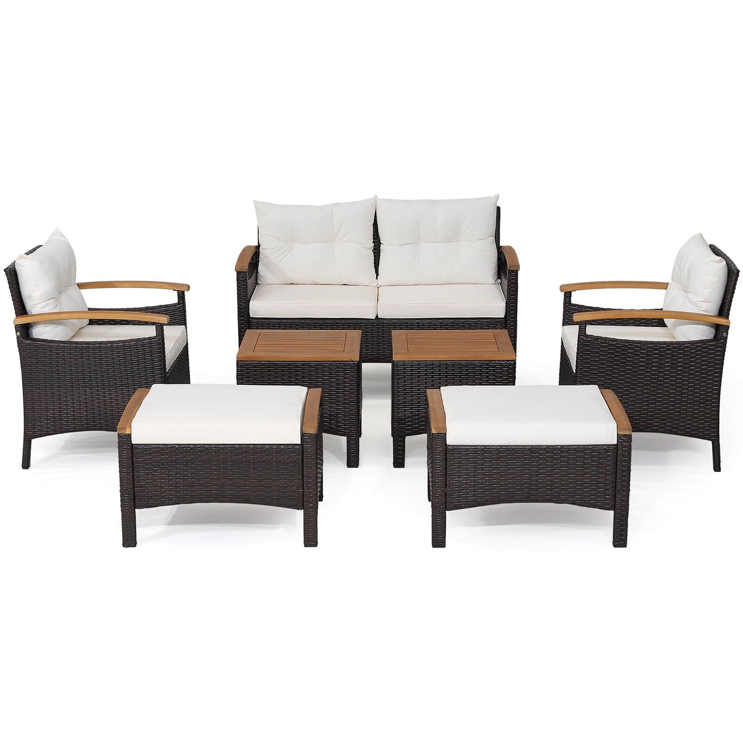 7 Piece Rattan Patio Sofa Set, Acacia Wood Tabletop, Off White Patio Conversation Sets Off White at Gallery Canada