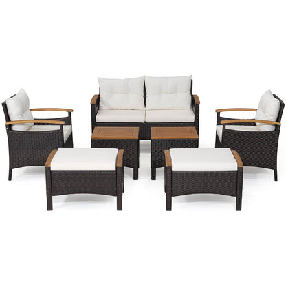 7 Piece Rattan Patio Sofa Set, Acacia Wood Tabletop, Off White Patio Conversation Sets Off White at Gallery Canada