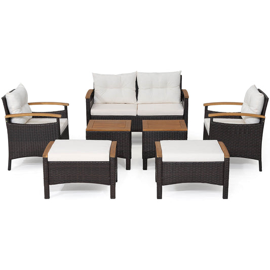 7 Piece Rattan Patio Sofa Set, Acacia Wood Tabletop, Off White Patio Conversation Sets Off White at Gallery Canada