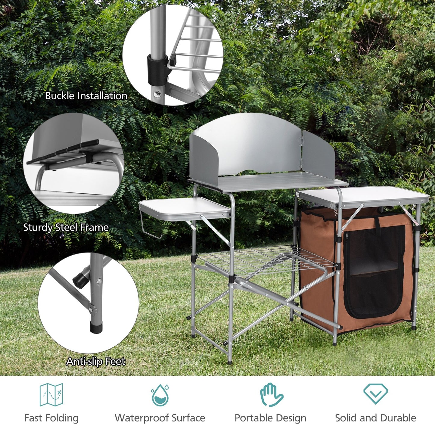 Foldable Outdoor BBQ Portable Grilling Table With Windscreen Bag, Brown - Gallery Canada