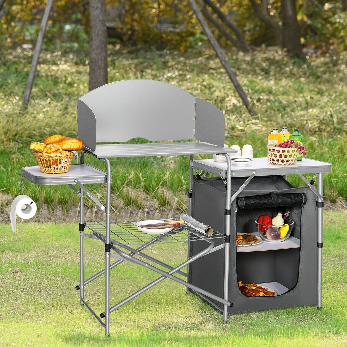 Foldable Outdoor BBQ Portable Grilling Table With Windscreen Bag, Gray - Gallery Canada