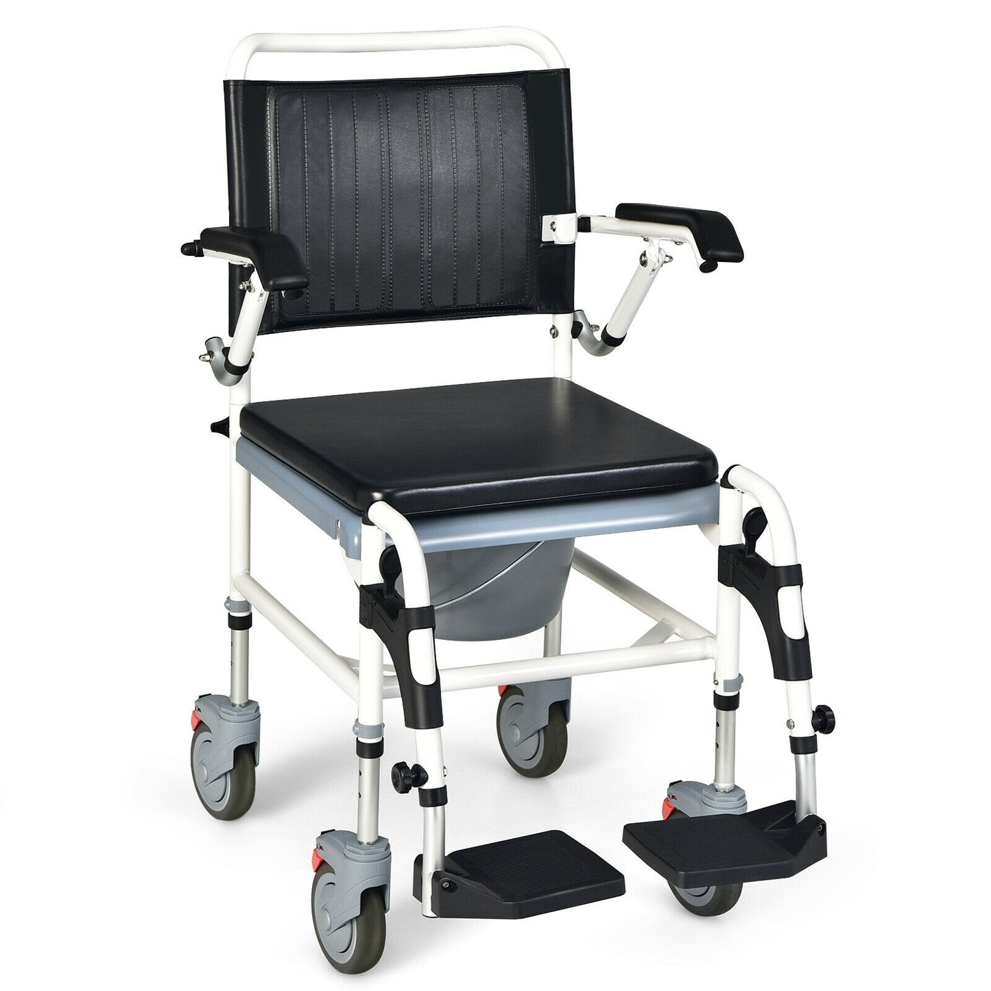 4-In-1 Bedside Commode Wheelchair, Detachable Bucket, White, Black Walkers & Rollators Black & White at Gallery Canada