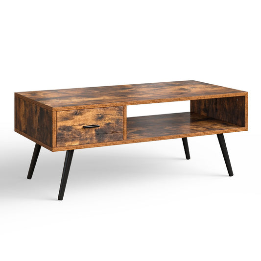 Retro Rectangular Coffee Table with Drawer and Storage Shelf, Brown - Gallery Canada