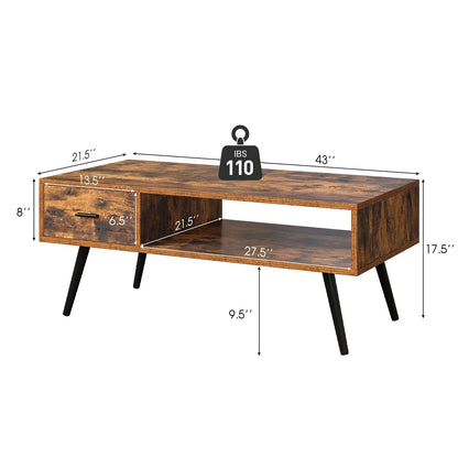 Retro Rectangular Coffee Table with Drawer and Storage Shelf, Brown at Gallery Canada