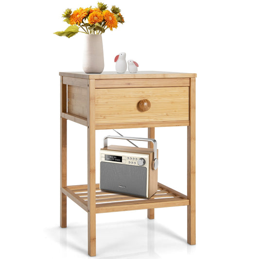 Bamboo Nightstand With Drawer, Open Shelf, Natural Nightstands Natural at Gallery Canada