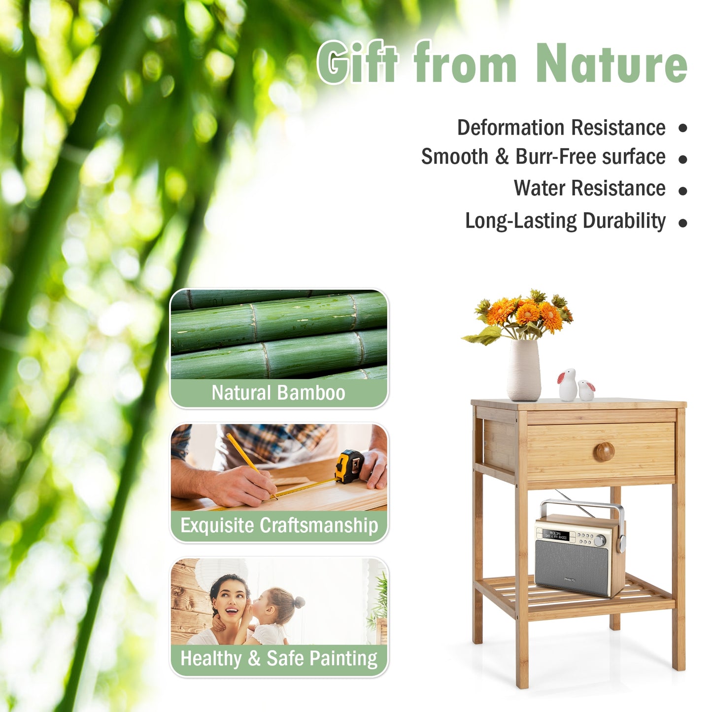 Bamboo Nightstand with Drawer and Open Shelf, Natural Nightstands at Gallery Canada