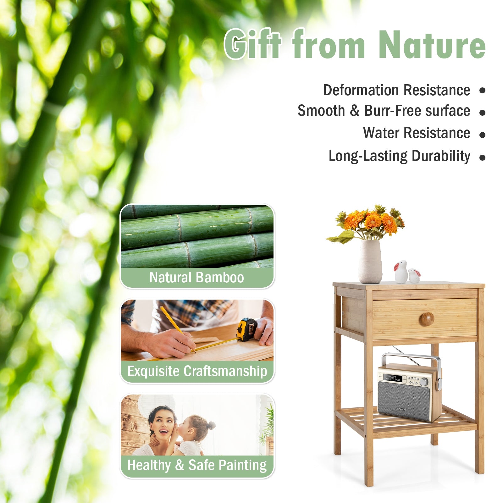 Bamboo Nightstand with Drawer and Open Shelf, Natural Nightstands at Gallery Canada