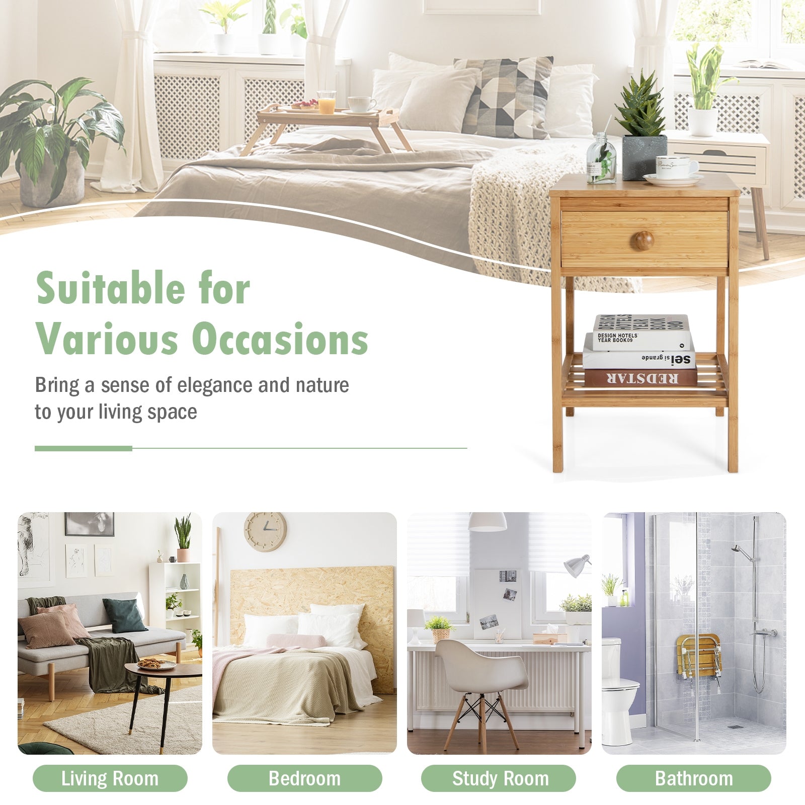 Bamboo Nightstand with Drawer and Open Shelf, Natural Nightstands at Gallery Canada