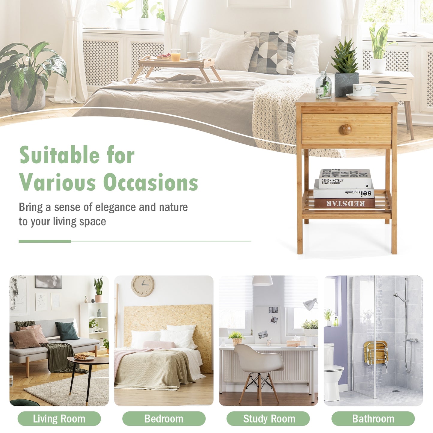 Bamboo Nightstand with Drawer and Open Shelf, Natural Nightstands at Gallery Canada