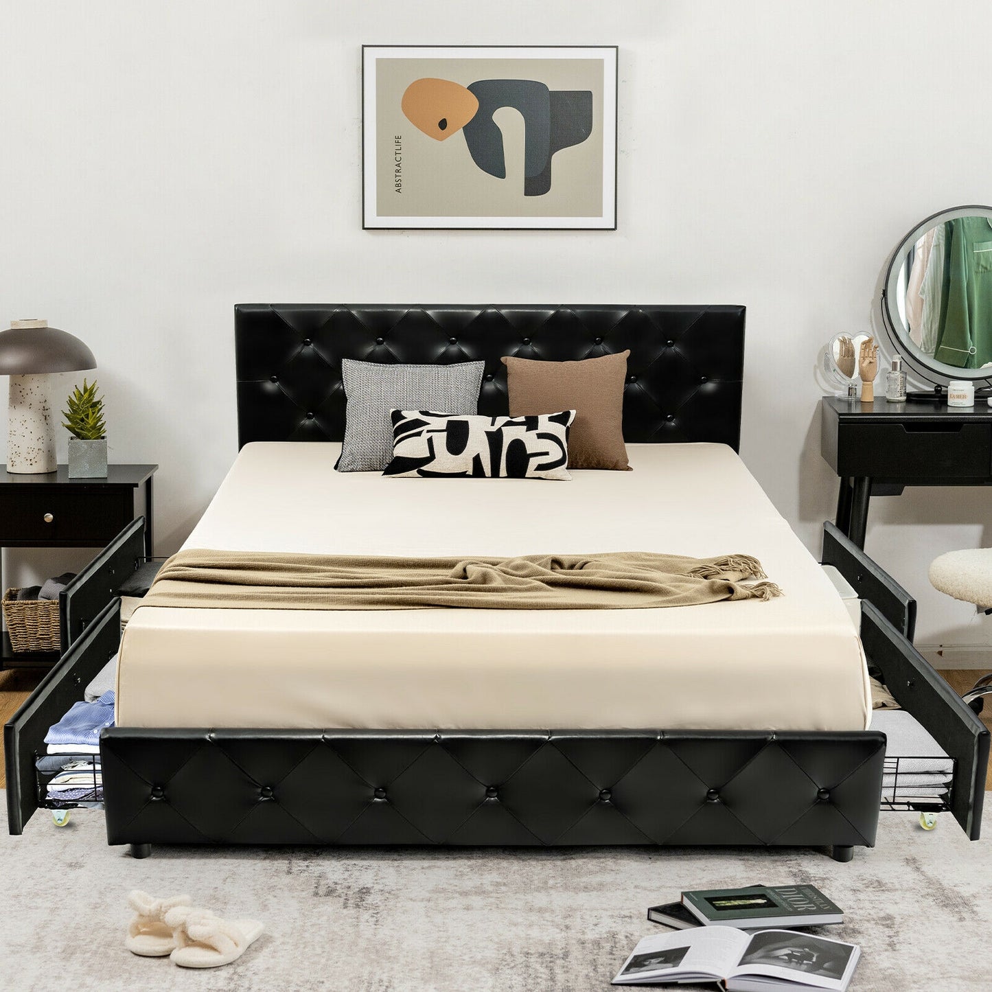 Full/Queen PU Leather Upholstered Platform Bed with 4 Drawers-Full Size Simple Bed Frame at Gallery Canada