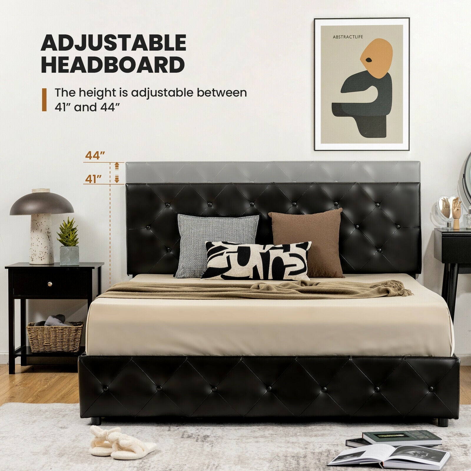 Full/Queen PU Leather Upholstered Platform Bed with 4 Drawers-Full Size Simple Bed Frame at Gallery Canada