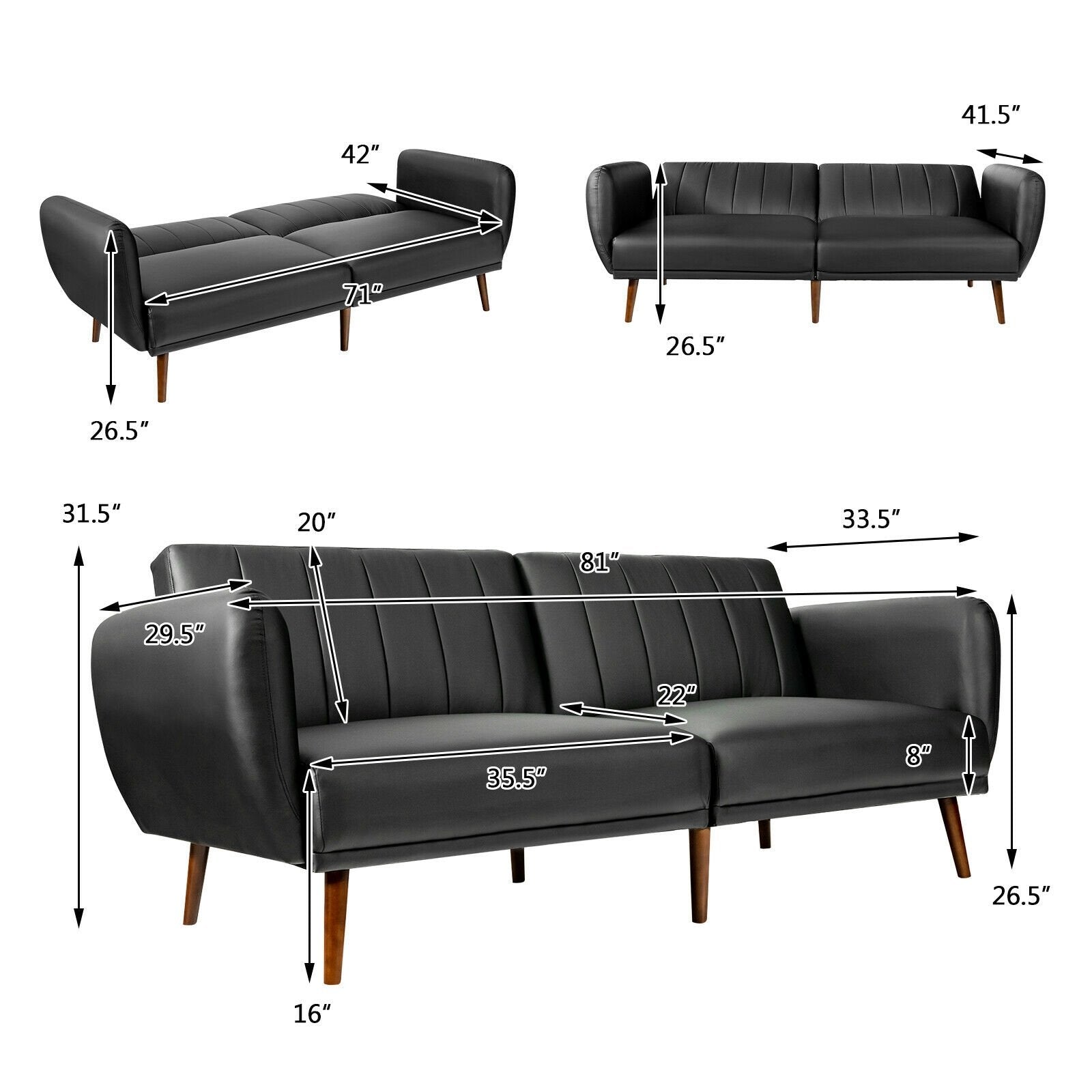3 Seat Convertible Sofa Bed with Adjustable Backrest for Living Room, Black at Gallery Canada