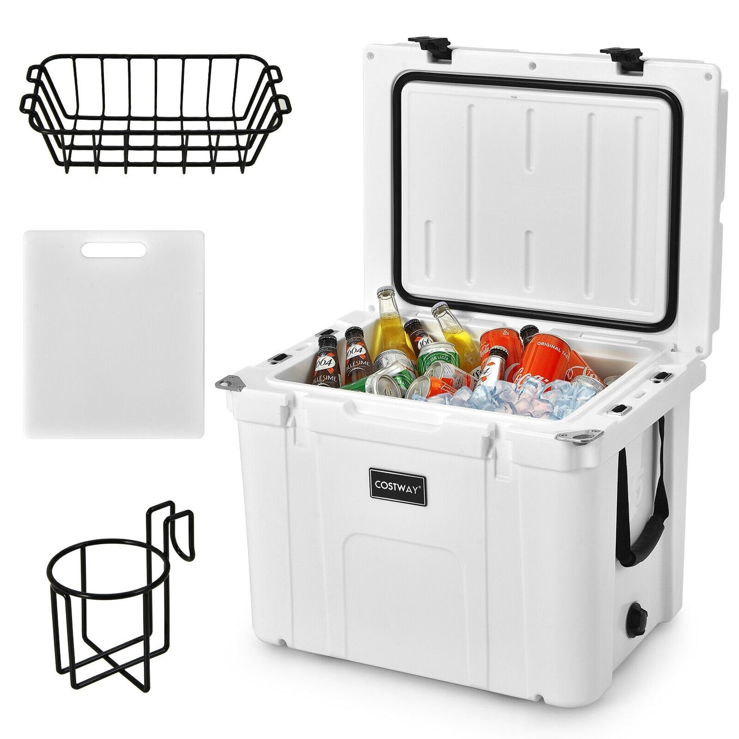55 Quart Cooler Portable Ice Chest with Cutting Board Basket for Camping, White