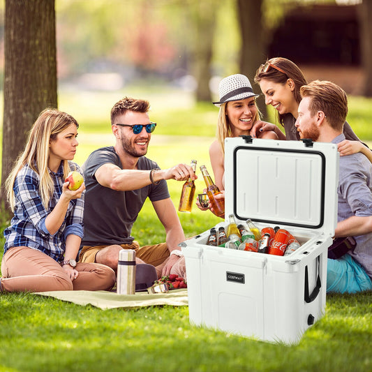 55 Quart Cooler Portable Ice Chest with Cutting Board Basket for Camping, White - Gallery Canada