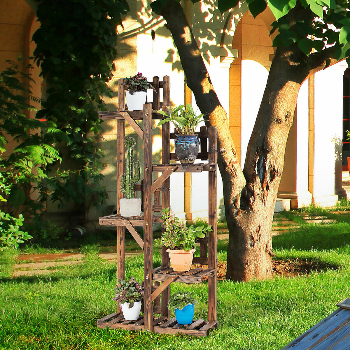 5-Tier Flower Rack Wood Plant Stand 6 Pots Display Shelf, Natural Plant Stands at Gallery Canada