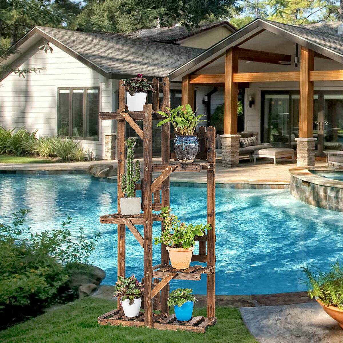 5-Tier Flower Rack Wood Plant Stand 6 Pots Display Shelf, Natural Plant Stands at Gallery Canada