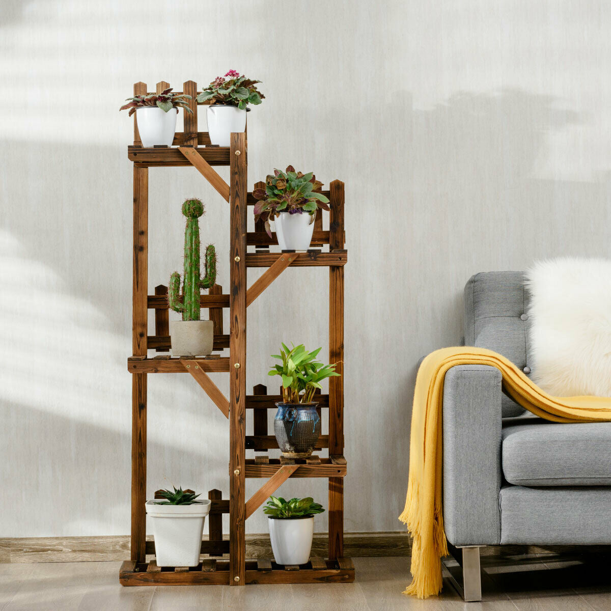 5-Tier Flower Rack Wood Plant Stand 6 Pots Display Shelf, Natural Plant Stands at Gallery Canada