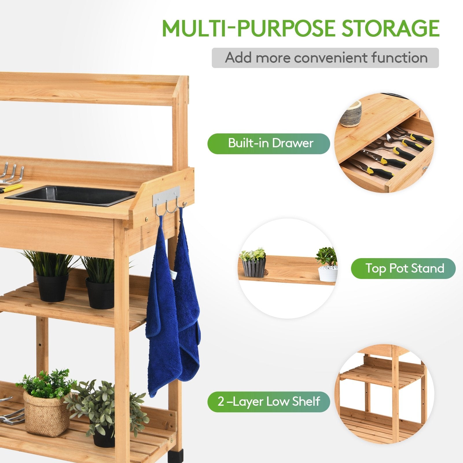 Outdoor Lawn Patio Potting Bench Storage Table Shelf, Natural at Gallery Canada