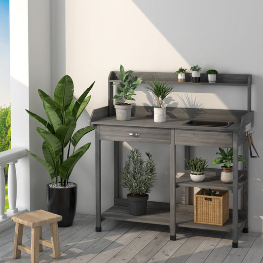 Fir Wood Potting Bench with Open Shelves and Sink for Planting, Gray - Gallery Canada