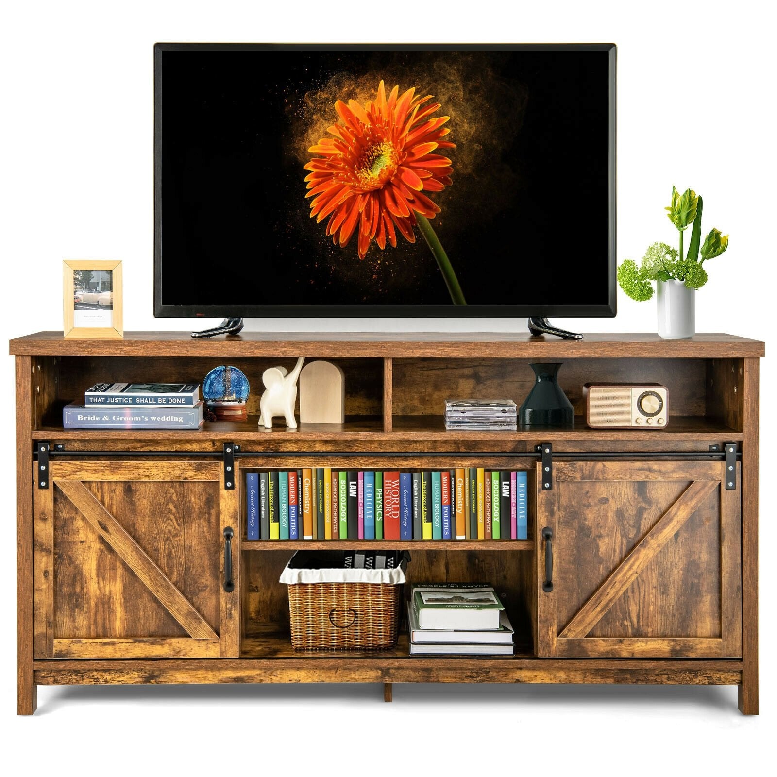 59 Inch Sliding Barn Door TV Stand with Adjustable Shelves for TVs up to 65 Inch, Brown - Gallery Canada