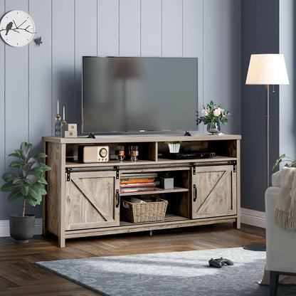 59 Inch Sliding Barn Door TV Stand with Adjustable Shelves for TVs up to 65 Inch, Light Brown - Gallery Canada