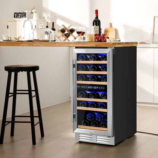 30-Bottle Freestanding Wine Cooler with Temp Memory and Dual Zones , Silver - Gallery Canada