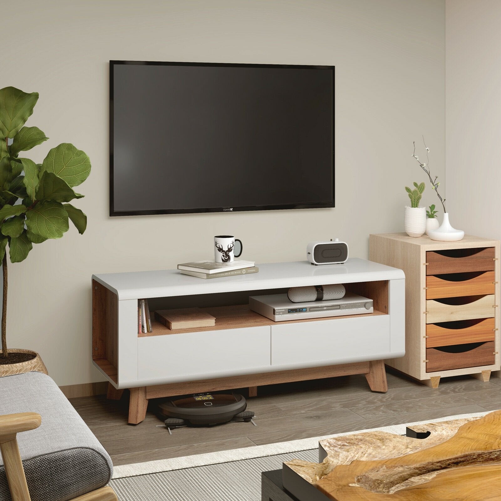 Media Console with 2 Pull-Out Drawers and Open Compartment for TVs up to 50 Inch, White - Gallery Canada