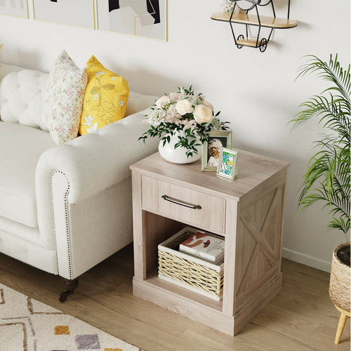 Compact Nightstand with Drawer and Shelf, Natural