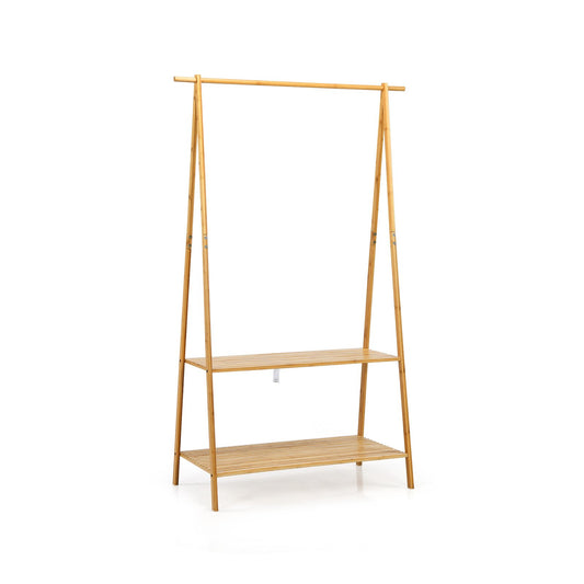 Bamboo Clothes Hanging Rack with 2-Tier Storage Shelf for Entryway Bedroom, Natural
