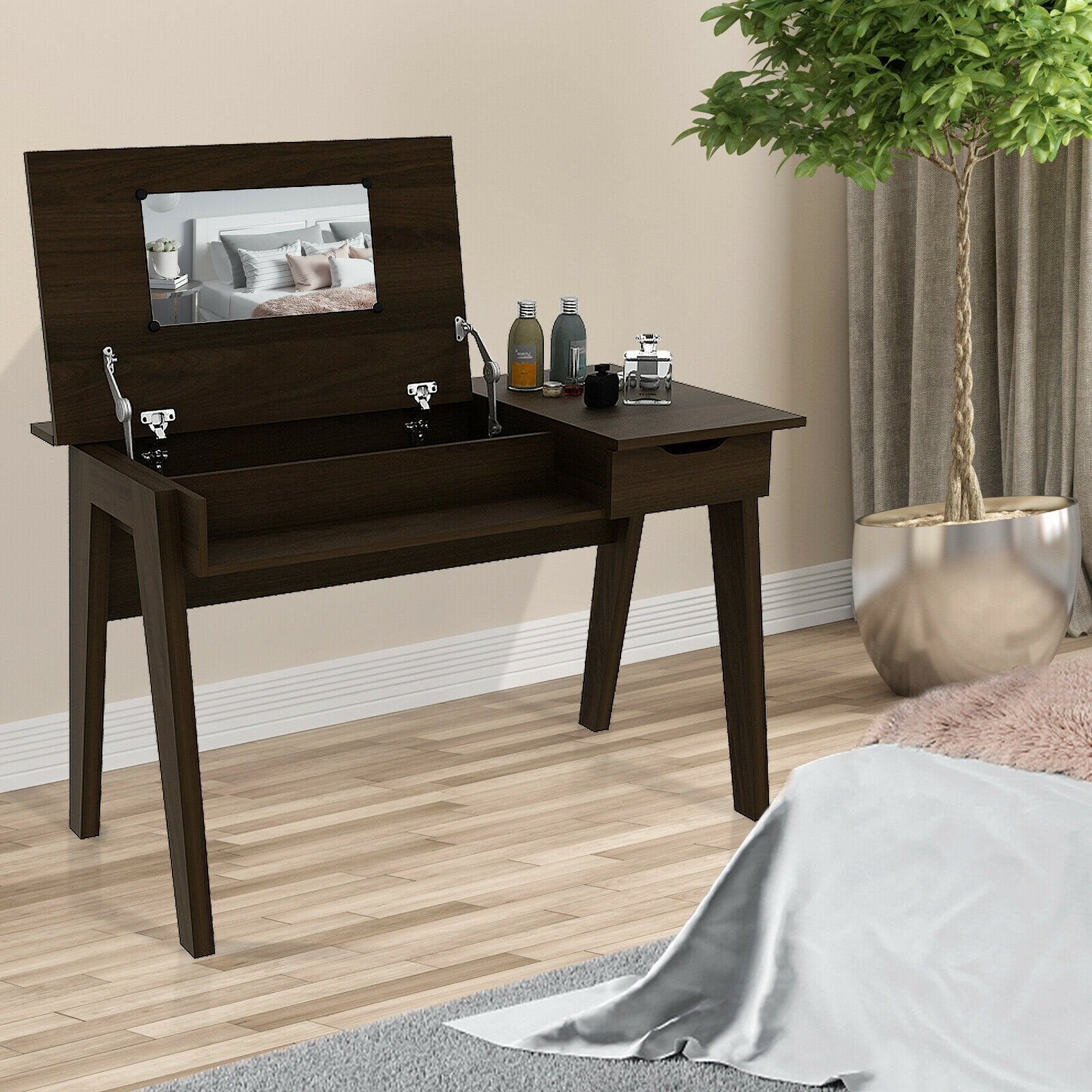 Dressing Table with Flip Mirror and Storage Drawer, Brown - Gallery Canada