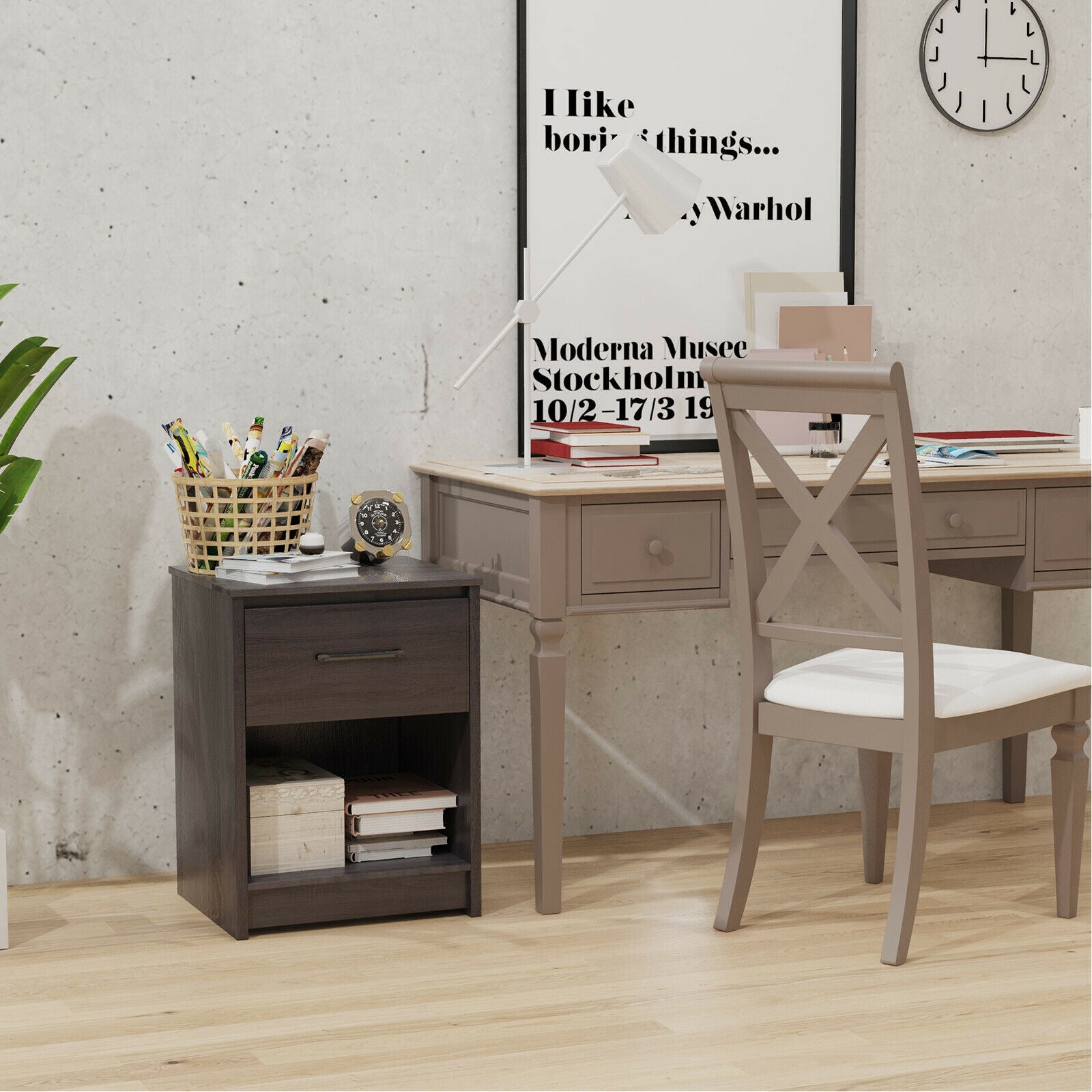 Wooden End Side Table Nightstand with Drawer Storage Shelf, Black Nightstands at Gallery Canada