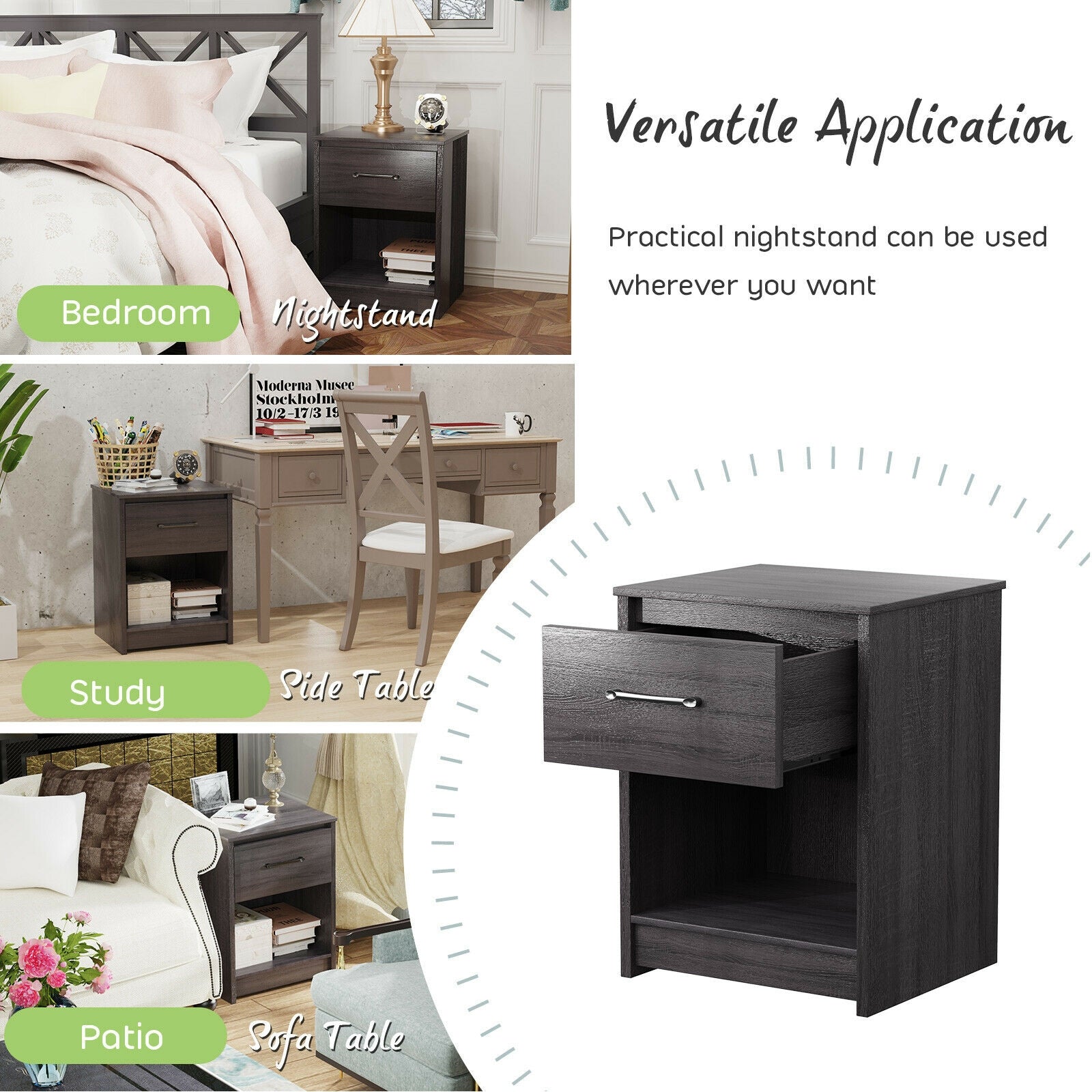 Wooden End Side Table Nightstand with Drawer Storage Shelf, Black Nightstands at Gallery Canada