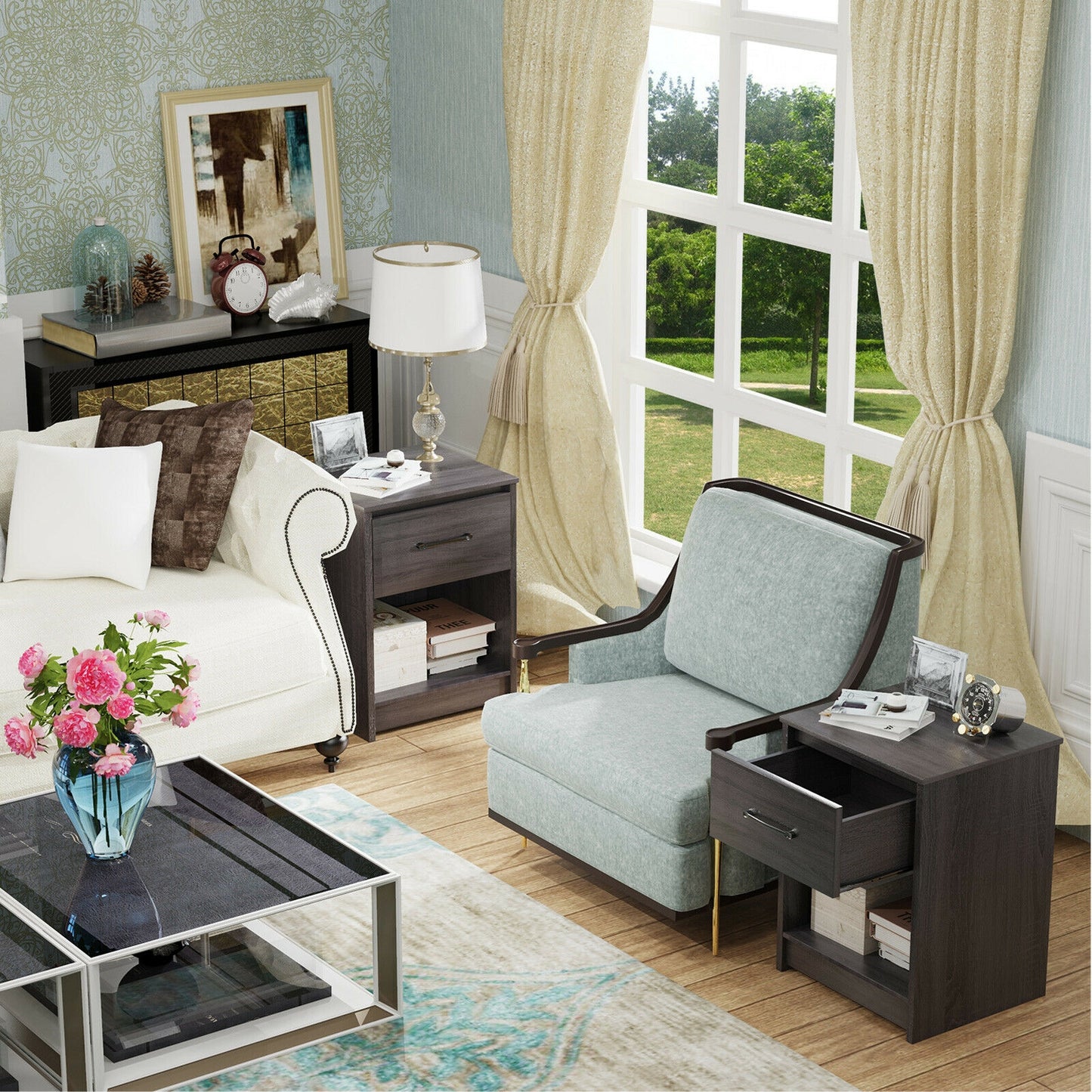 Wooden End Side Table Nightstand with Drawer Storage Shelf, Black Nightstands at Gallery Canada