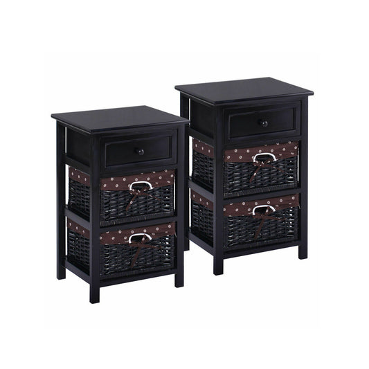 3 Tier Wood Nightstand Set, 2 Drawer, Black