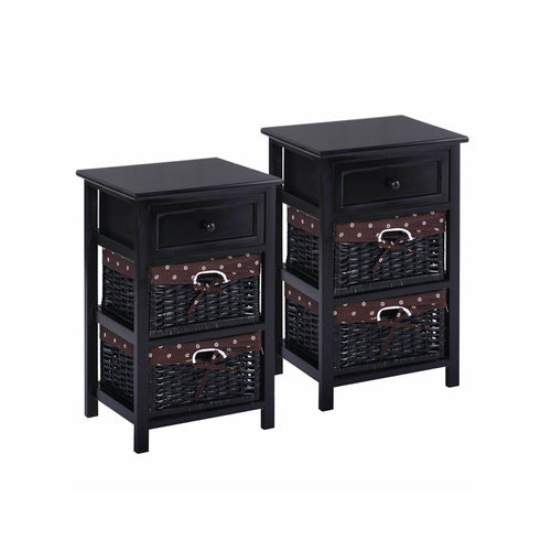 3 Tier Set of 2 Wood Nightstand with 1 and 2 Drawer , Black