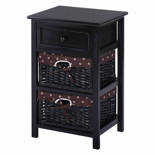 3 Tier Set of 2 Wood Nightstand with 1 and 2 Drawer , Black