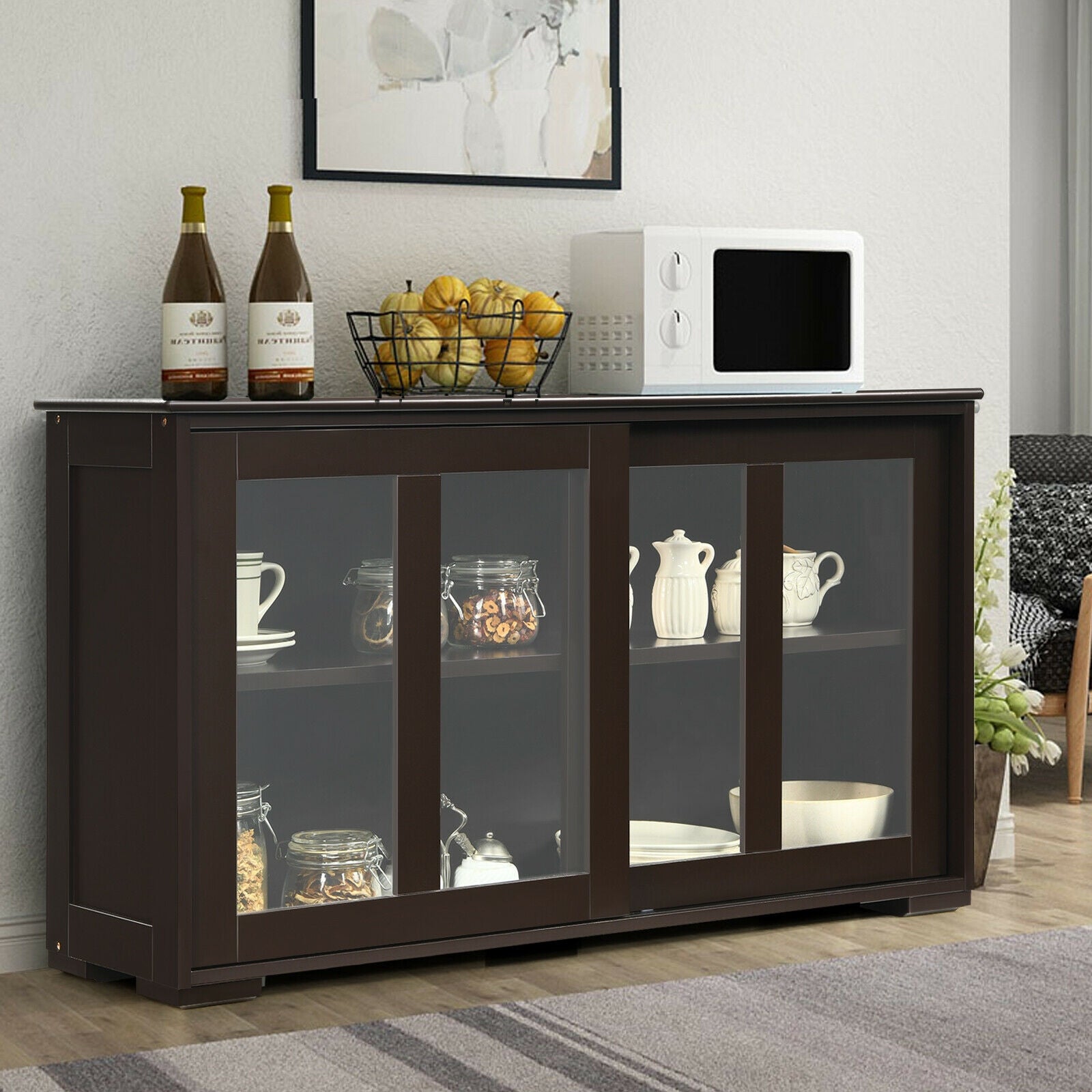 Sideboard Buffet Cupboard Storage Cabinet with Sliding Door, Brown Sideboards Cabinets & Buffets at Gallery Canada