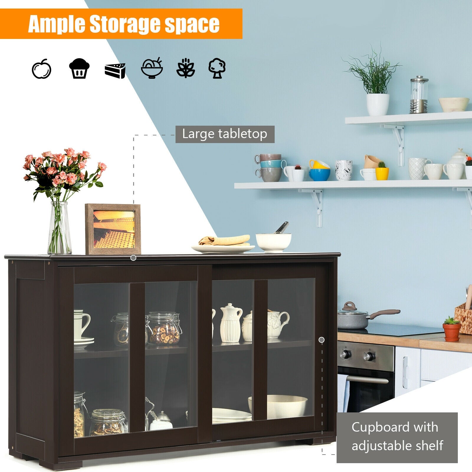 Sideboard Buffet Cupboard Storage Cabinet with Sliding Door, Brown Sideboards Cabinets & Buffets at Gallery Canada