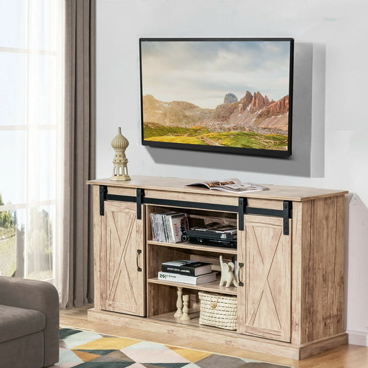 55 Inch Sliding Barn Door TV Stand with Adjustable Shelves for TVs up to 65 Inch, Natural - Gallery Canada