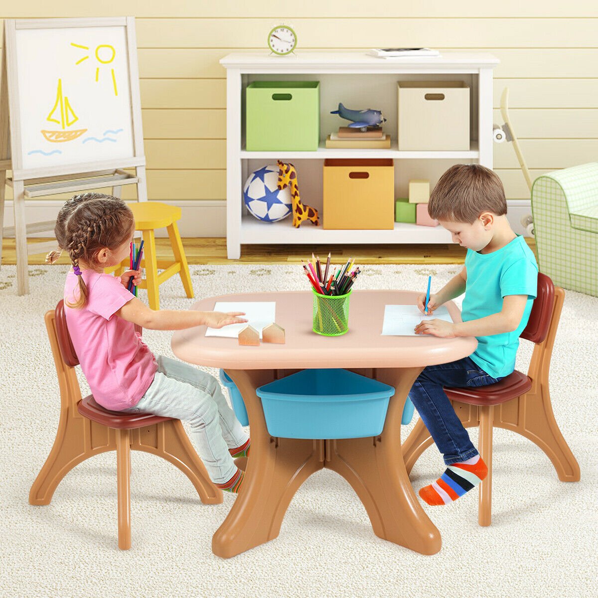 Kids Activity Table & Chair Set Play Furniture with Storage, Brown Kids Table & Chair Sets at Gallery Canada