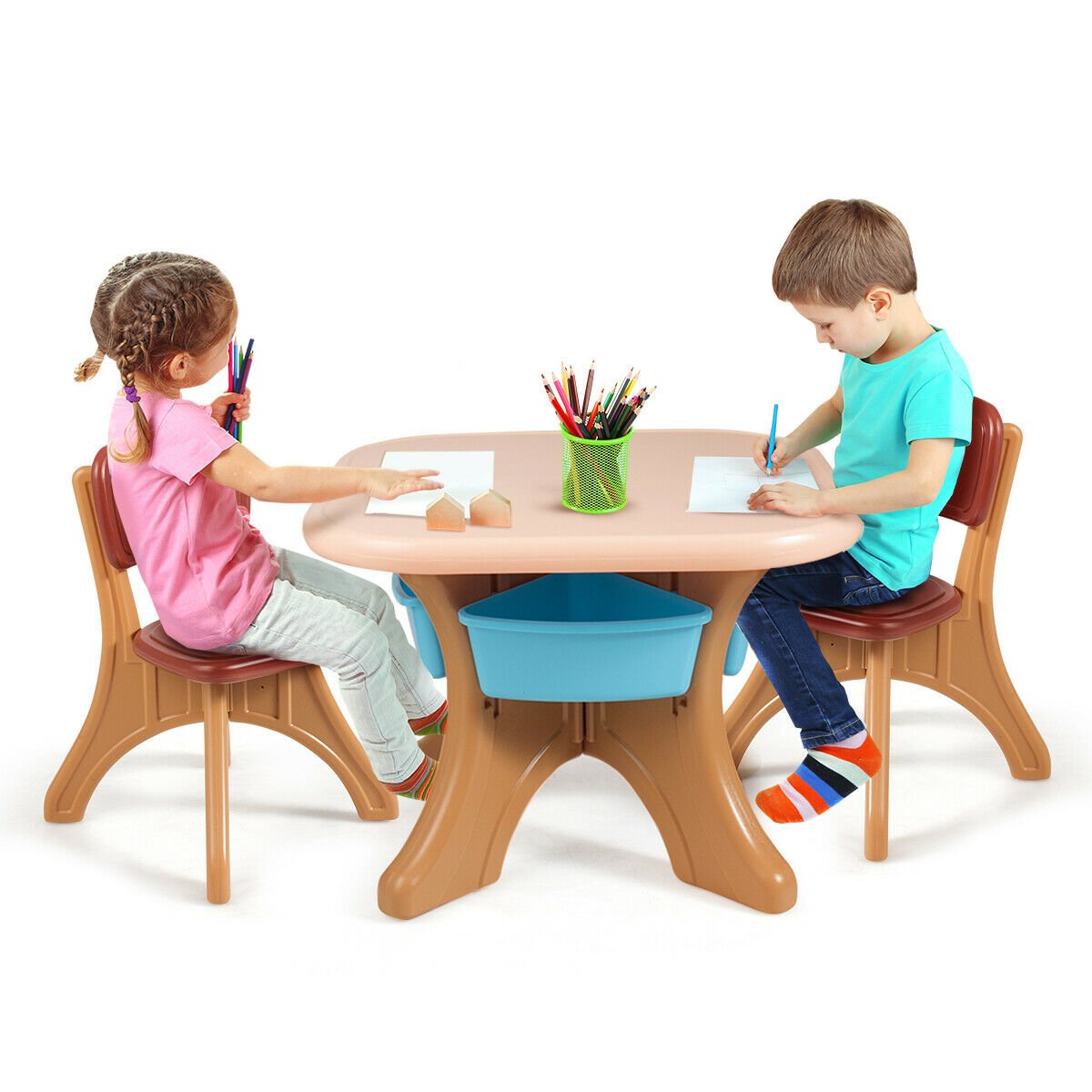 Kids Activity Table & Chair Set Play Furniture with Storage, Brown Kids Table & Chair Sets at Gallery Canada