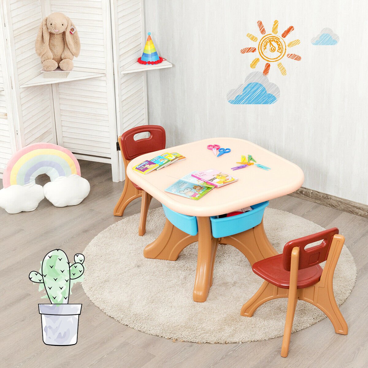 Kids Activity Table & Chair Set Play Furniture with Storage, Brown Kids Table & Chair Sets at Gallery Canada