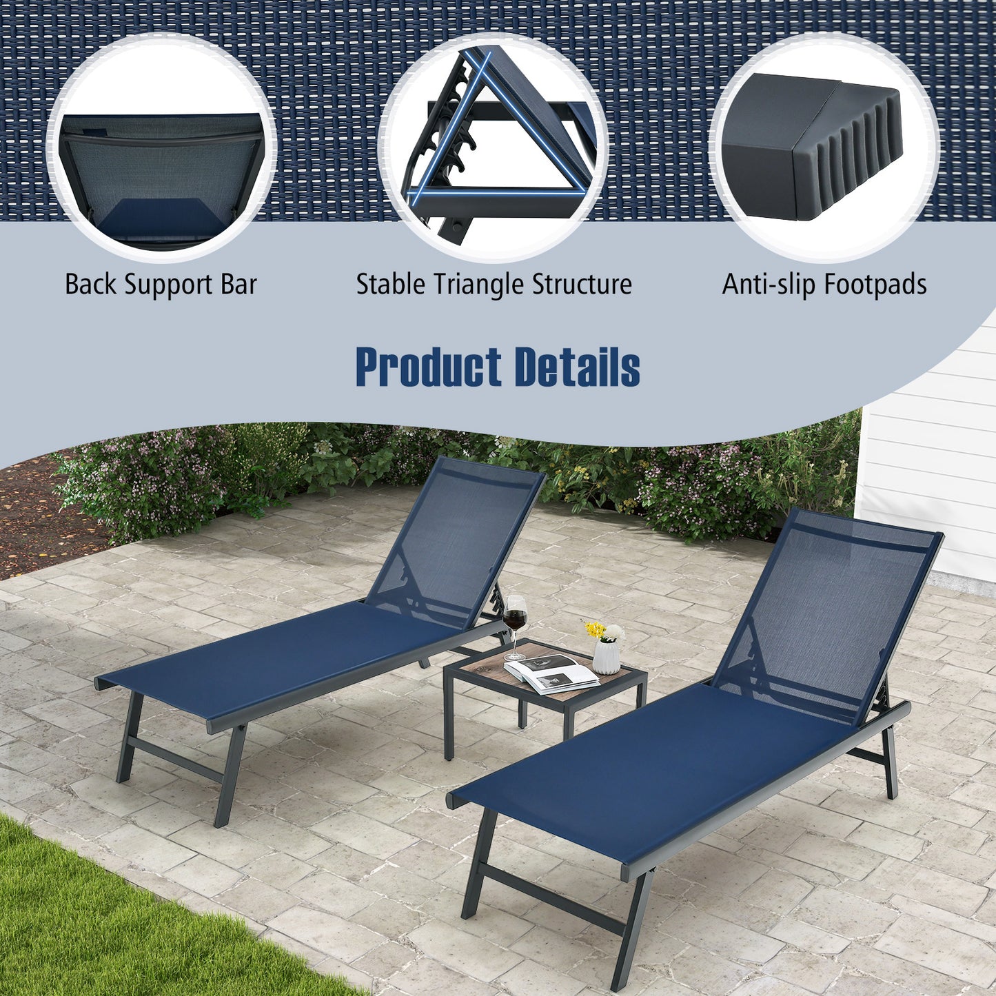 3 Pieces Patio Chaise Lounge Chair and Table Set for Poolside Yard, Navy Outdoor Chaise Lounges at Gallery Canada