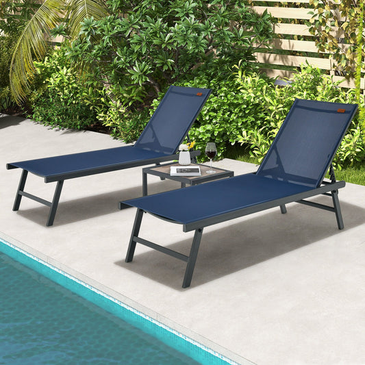 3 Pieces Patio Chaise Lounge Chair and Table Set for Poolside Yard, Navy - Gallery Canada