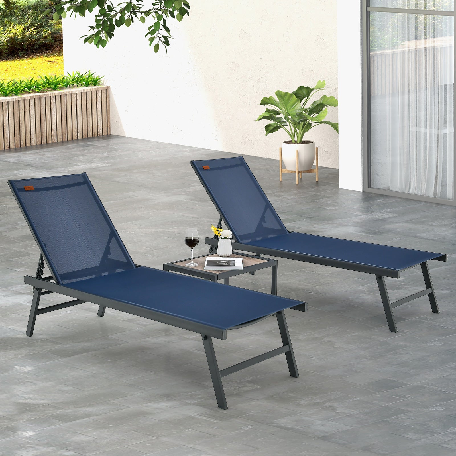 3 Pieces Patio Chaise Lounge Chair and Table Set for Poolside Yard, Navy Outdoor Chaise Lounges at Gallery Canada