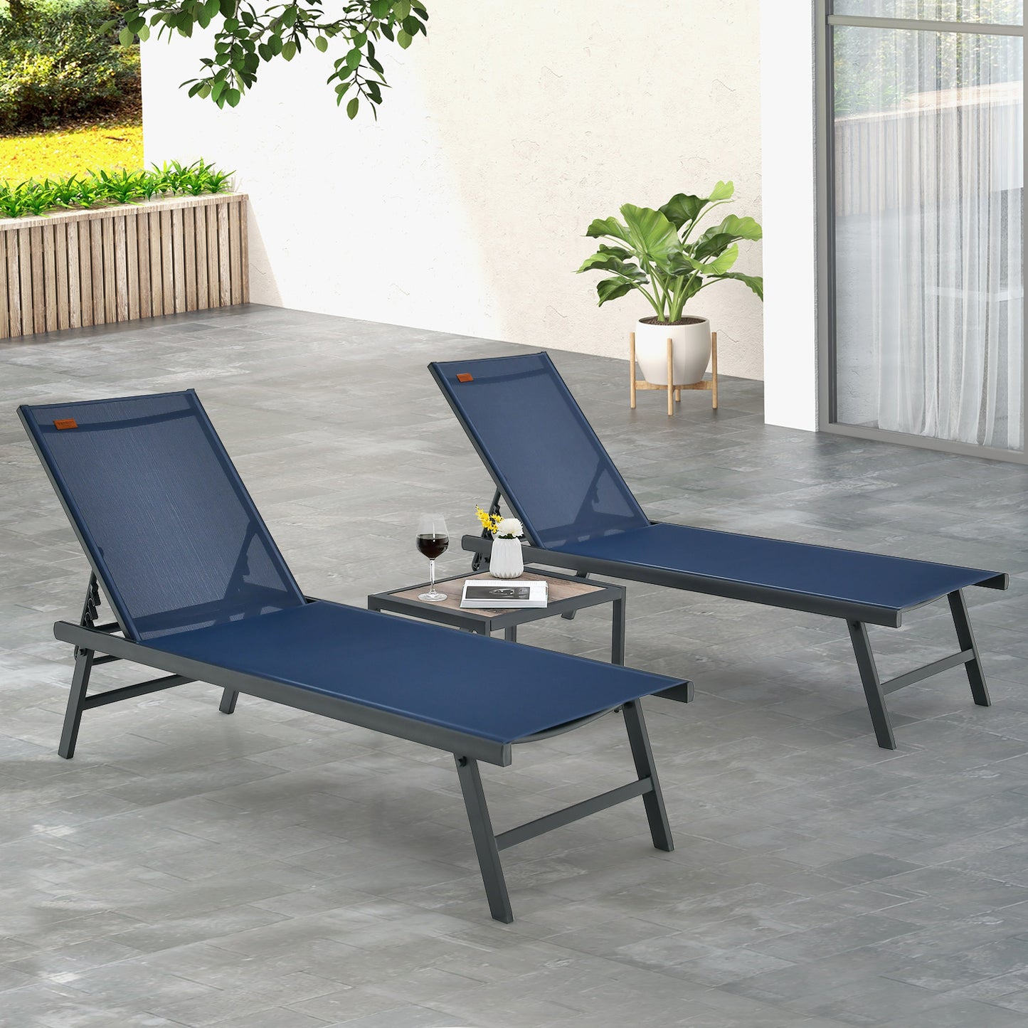 3 Pieces Patio Chaise Lounge Chair and Table Set for Poolside Yard, Navy Outdoor Chaise Lounges at Gallery Canada