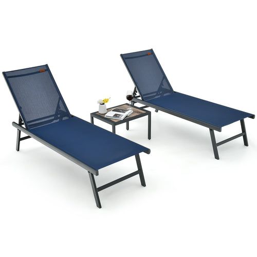3 Piece Patio Chaise Lounge Chair And Table Set, Navy